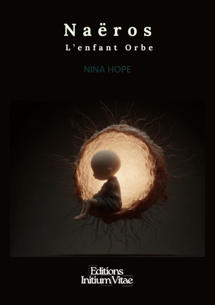 Illustration minimaliste représentant une silhouette d’enfant dans une sphère lumineuse, sur fond sombre. Évoque la solitude intérieure, la fragilité du lien rompu et la mémoire du corps. Image de couverture du livre Naëros, L’Enfant-Orbe par Nina Hope.
