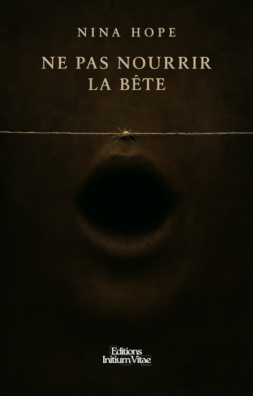Illustration sombre et expressive représentant une silhouette partiellement engloutie dans l’ombre, avec une bouche béante à peine visible. visuel de couverture du livre Ne pas nourrir la bête de Nina Hope.
