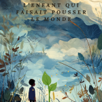 Image de couverture du conte poétique L’enfant qui faisait pousser le monde de Jun Monroe, montrant un enfant contemplatif dans un décor végétal onirique.
