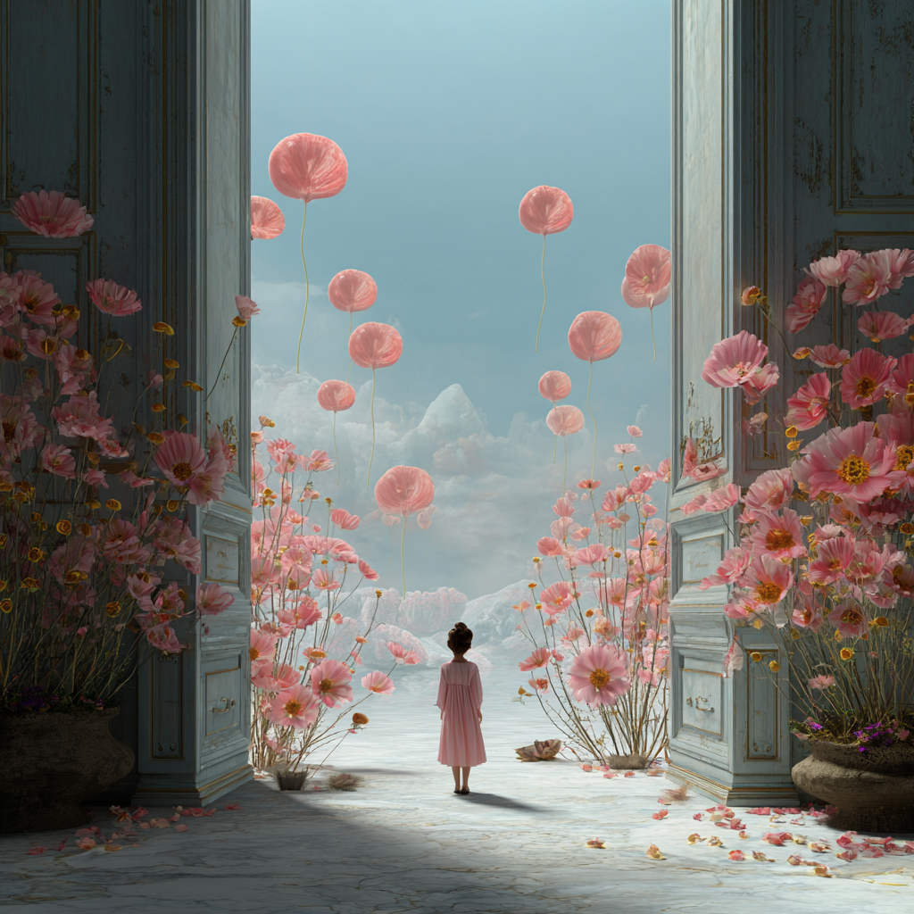 Une fillette en robe rose se tient devant deux grandes portes ouvertes sur un paysage fleuri et lumineux, symbole de passage et de découverte.